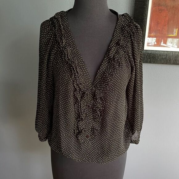 Zara black/white pindot semi sheer ruffled elastic hem top. Small. - Picture 1 of 6